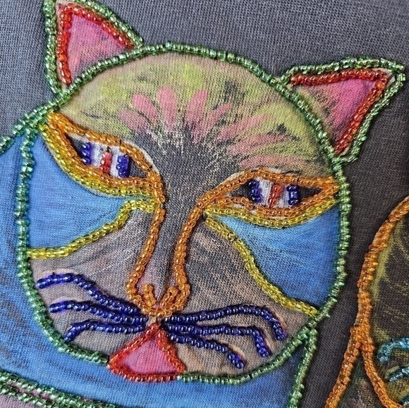 Retro Y2K one of a kind hand beaded cat t-shirt XL - Picture 3 of 8